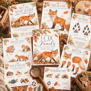 May include: A collection of educational Fox Trails nature unit study sheets featuring illustrations of foxes, life cycles, tracks, and vocabulary. The pages include text, diagrams, and cut-out activities, accompanied by a wooden magnifying glass.