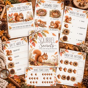 May include: A collection of educational worksheets titled Squirrel Secrets featuring illustrations of squirrels, acorns, and pinecones. The pages include activities like matching words, finishing patterns, and learning about squirrel life cycles with text.
