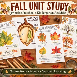 May include: A set of educational printables titled Fall Unit Study featuring diagrams of a leaf, an acorn, autumn leaves, and the four seasons. The pages include illustrations and text labels for nature study, science, and seasonal learning.