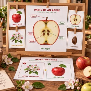 Pode incluir: Um conjunto educativo com um quadro de cortiça apresentando um diagrama das partes de uma maçã, quatro cartões pequenos com uma maçã inteira, flores, meia maçã e uma semente, e um ciclo de vida da maçã numa superfície de madeira.