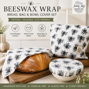 May include: A set of reusable beeswax wraps with a black bee pattern on a white background. The set includes a bread wrap, a bag, and a bowl cover. The wraps are labeled as natural, reusable, and eco-friendly.