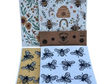 Swedish Dishcloth Set, Reusable Bee or Floral Kitchen Cloths, 2 or 4 Pack
