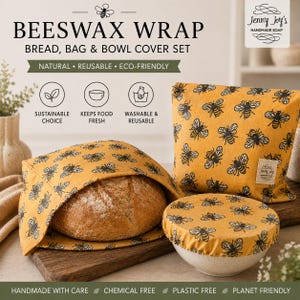 May include: A set of yellow beeswax wraps with a black bee pattern, including a bread cover, a bag, and a bowl cover. The text reads BEESWAX WRAP, BREAD, BAG & BOWL COVER SET, NATURAL, REUSABLE, ECO-FRIENDLY, SUSTAINABLE CHOICE, KEEPS FOOD FRESH, WASHABLE & REUSABLE.