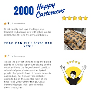 May include: A customer review graphic featuring the text 2000 Happy Customers, five yellow stars, and two five-star reviews. One review includes a photo of a tan cotton bag with a black bee pattern and the text 2BAG CAN FIT 1 16X16 BAG YES!!