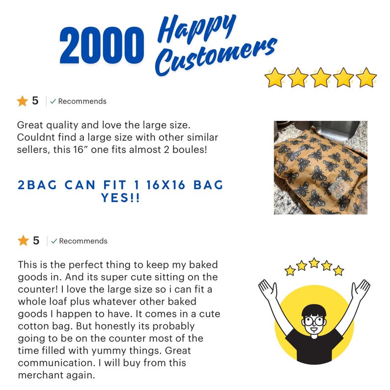 May include: A customer review graphic featuring the text 2000 Happy Customers, five yellow stars, and two five-star reviews. One review includes a photo of a tan cotton bag with a black bee pattern and the text 2BAG CAN FIT 1 16X16 BAG YES!!