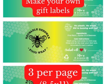 Beeswax Wrap Label | Printable Template | Gift Tag| Eco friendly Zero Waste | Printable Download PDF JPG