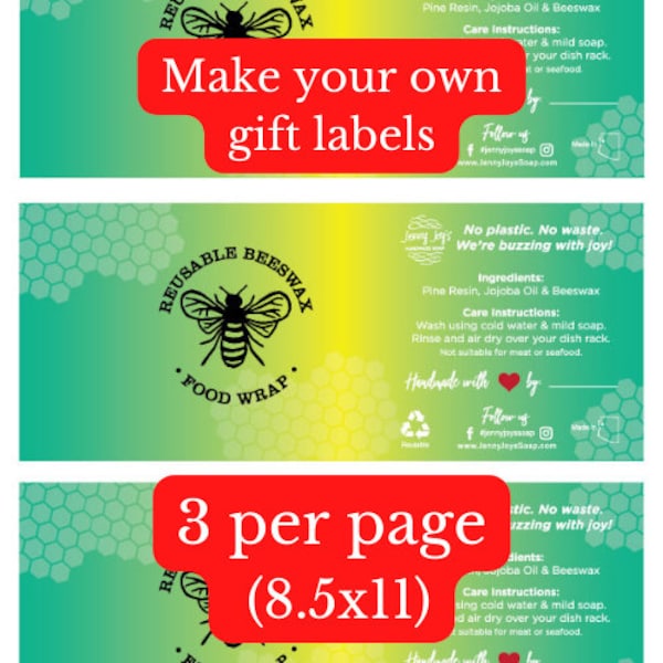 Bijenwaswikkellabel | Afdrukbare sjabloon | Cadeaukaartje| Milieuvriendelijk Zero Waste | Afdrukbaar Download PDF JPG