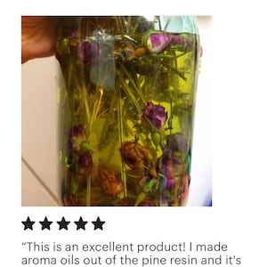 May include: A clear glass jar filled with a yellow liquid and dried pink flowers. The jar is being held by a hand. The text "This is an excellent product! I made aroma oils out of the pine resin and it's coming along nicely. Shipping was super fast and the owner is friendly too. I highly recommend this product and the shop itself." is below the image.