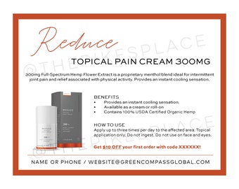 DIGITAL FILE - 4 up - Green Compass Reduce Topical Pain Cream - Personalized Tip Card