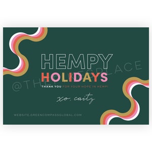 May include: Green background with a white outline of the word "HEMPY" and the word "HOLIDAYS" in pink. The text is surrounded by a wavy, abstract design in gold, pink, and white.