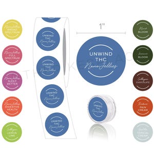 May include: A roll of 1-inch round stickers with the text "UNWIND THC Nano Jellies" in blue and white on a blue background. The roll is surrounded by smaller round stickers with various colors and text, including "Broad Spectrum", "Full Spectrum", "Sleep Better", "Digestive Health", "Lemon Lime", "Mind Bloom", "Bloom", "Collagen Chocolate", "Reduce Pain Cream", and "Topical Cream".