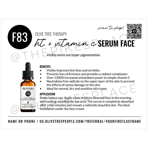 DIGITAL FILE - 4 up - Olive Tree People F83 ht + vitamin c Serum Face - Personalized Tip Card