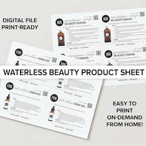 Puede incluir: Archivo digital listo para imprimir con hojas de productos de belleza. Las hojas muestran información del producto, incluido el texto "cell active serum face" y "The Beauty Fountain". Las hojas también muestran imágenes de productos y códigos QR.