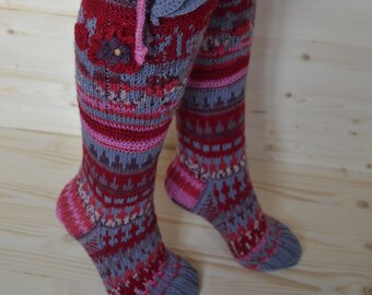 High knitted stockings. Knitted crocheted handmade stockings. Jacquard. Handmade. stockings pink.