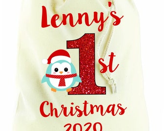 Personalised Penguin My 1st Christmas Bag Sack Xmas Santa Stocking Bag Baby Present