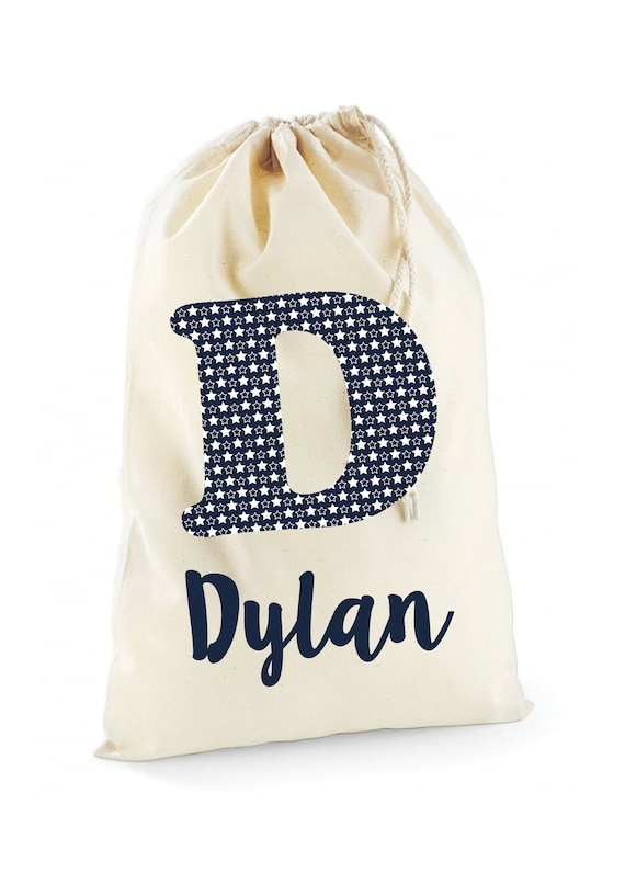 Personalised Boys Initial Cotton Drawstring Bag Vintage Blue Stars Birthday Gift