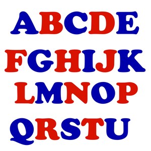 May include: A red and blue alphabet in a bold, blocky font. The letters are arranged in rows, with the first row being A-E, the second row being F-K, the third row being L-P, the fourth row being Q-U, and the fifth row being V-Z.