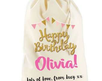Personalised Happy Birthday Cotton Canvas Drawstring Gift Bag Sister Mum Friend
