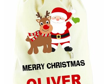 Personalised Christmas Reindeer & Santa Design Bag Xmas Cotton Canvas Stocking Sack Present ALL SIZES