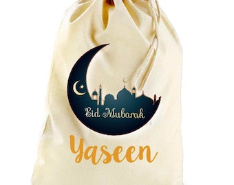 Personalised Eid Mubarak Cotton Canvas Drawstring Gift Bag Girl Boy Gift Present - Moon Design