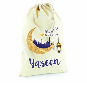 Personalised Eid Mubarak Cotton Canvas Drawstring Gift Bag Girl Boy Gift Present