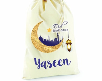 Personalised Eid Mubarak Cotton Canvas Drawstring Gift Bag Girl Boy Gift Present