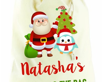 Personalised Christmas Eve Santa Penguin Bag Xmas Stocking Presents Sack 3 SIZES