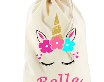 Personalised Unicorn Girls Cotton Canvas Drawstring Bag Dance Gym PE School Storage Sack All Sizes