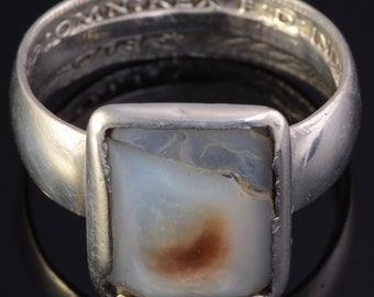 086 WWII Georgivs VI Sterling Silver Florin Coin & Mother of Pearl Ring Sz 9.5