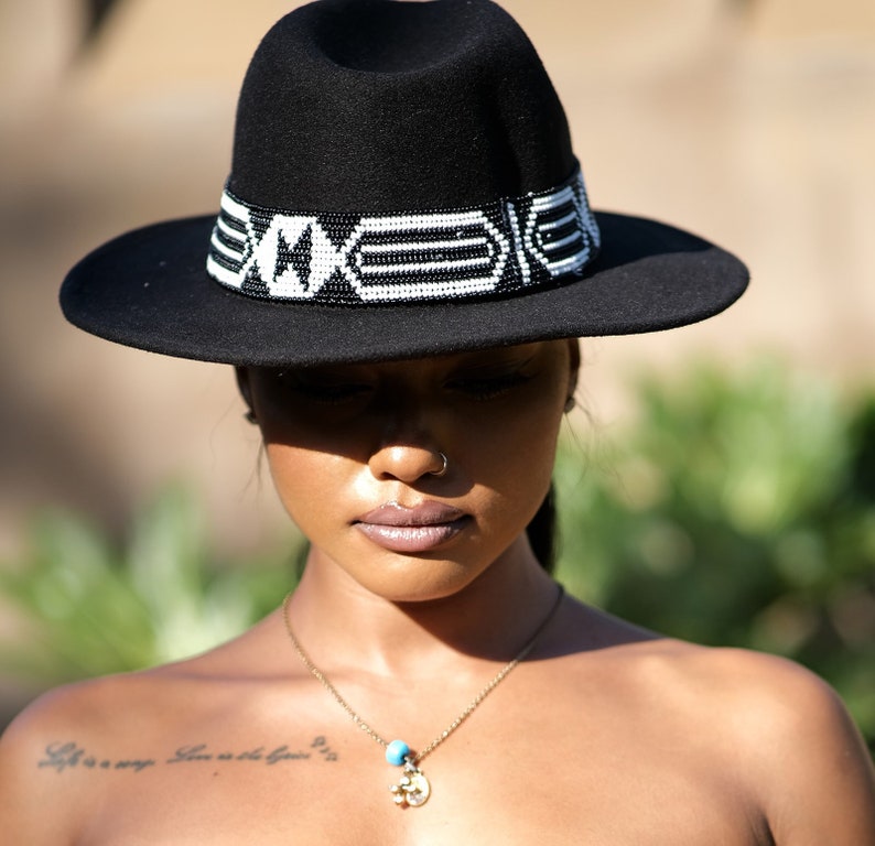 Africa Zulu Beaded Fedora Hat with matching belt and matching Clutch