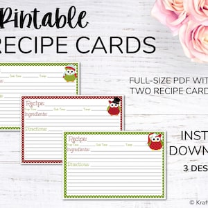Christmas Owls 4x6 Recipe Cards, Instant Download