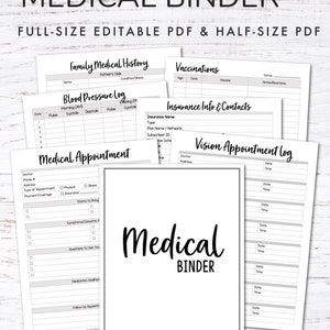 May include: Printable medical binder with pages for family medical history, vaccinations, blood pressure log, insurance information, medical appointments, and vision appointments. The binder is black and white with a gray background. The text "Medical Binder" is in a large, bold font.
