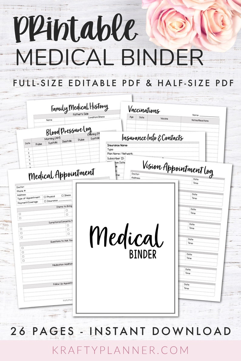 May include: Printable medical binder with pages for family medical history, vaccinations, blood pressure log, insurance information, medical appointments, and vision appointments. The binder is black and white with a gray background. The text "Medical Binder" is in a large, bold font.