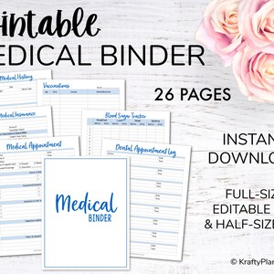 May include: Printable medical binder with 26 pages, including forms for personal medical history, vaccinations, primary medical insurance, medical appointments, blood sugar tracker, and dental appointments. The binder is available as an instant download in full-size and half-size editable PDF formats.