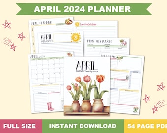 April 2024 Planner Printable PDF. A daily agenda to stay organized all month with calendars, trackers, to-do lists, meal planners, and more