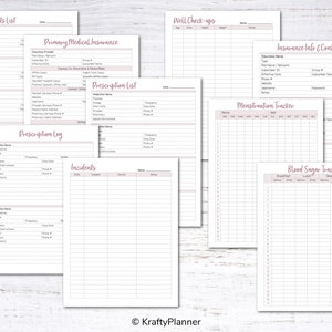 May include: Printable planner pages with a pink and white color scheme. The pages include sections for supplements, prescriptions, well-check ups, insurance information, menstruation tracking, incidents, and blood sugar tracking.