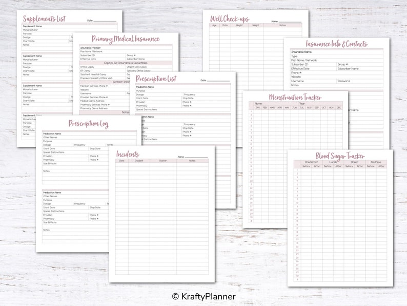 May include: Printable planner pages with a pink and white color scheme. The pages include sections for supplements, prescriptions, well-check ups, insurance information, menstruation tracking, incidents, and blood sugar tracking.