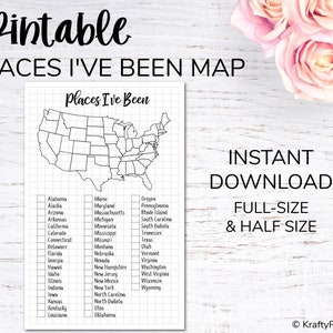 May include: Printable map of the United States with a grid pattern. The map is labeled "Places I've Been" and includes a list of all 50 states. The text "Instant Download Full-Size & Half Size" is also included.