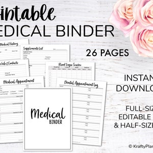May include: Printable medical binder with 26 pages, including forms for personal medical history, supplements list, insurance info, blood sugar tracker, medical appointments, and dental appointments. Instant download, full-size and half-size editable PDF.