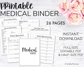May include: Printable medical binder with 26 pages, including forms for personal medical history, supplements list, insurance info, blood sugar tracker, medical appointments, and dental appointments. Instant download, full-size and half-size editable PDF.