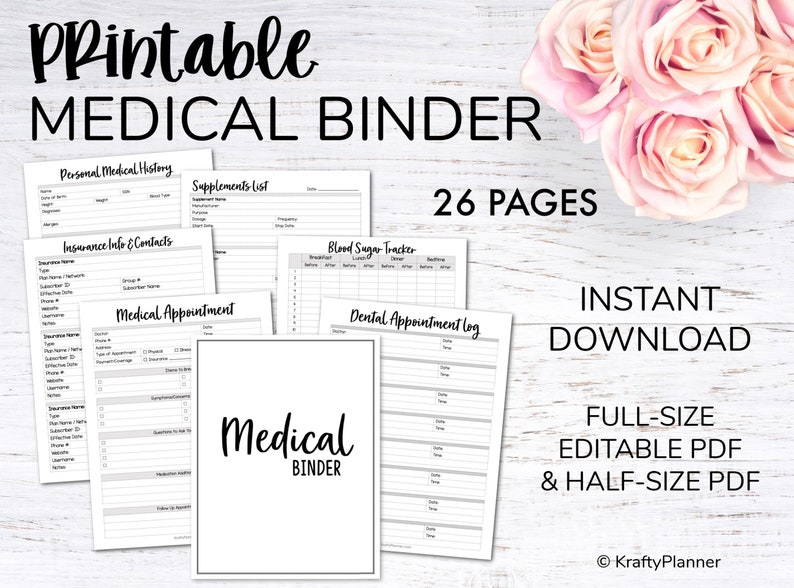 Medical Planner Printable Health Organizer Doctor Appointment Tracker Health Journal Health & Wellness Planner Medical Organizer BLACK image 1