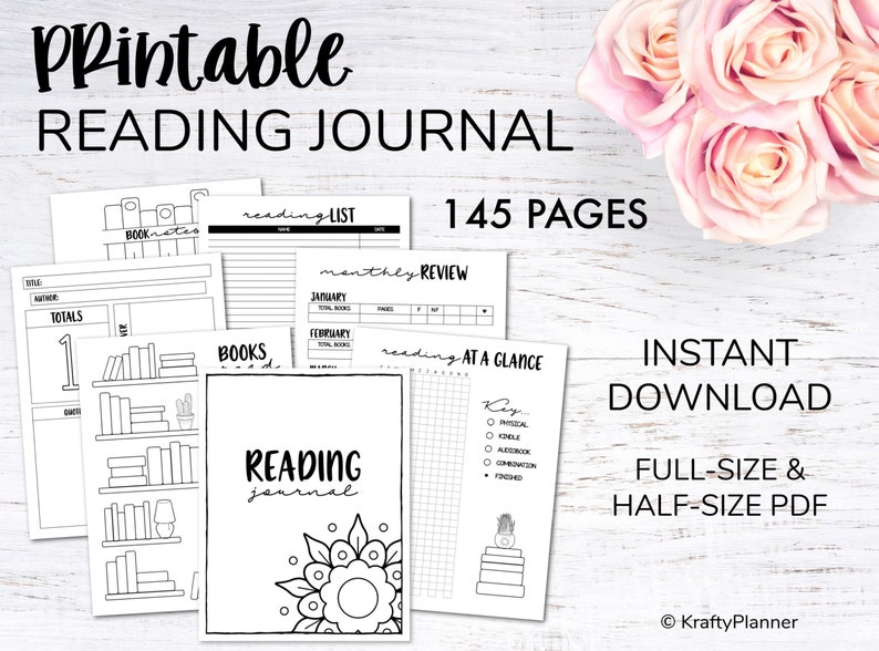 Reading Journal Printable Book Lover's Diary Literary Log and Tracker Book Club Gift Printable Book Review Worksheet Reading List 145 Pgs image 1