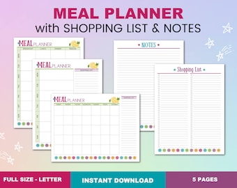 Puede incluir: Un planificador de comidas imprimible con cinco páginas, que incluye un planificador de comidas semanal, una lista de compras y una página de notas. Las páginas están decoradas con un borde floral y un diseño de limón.