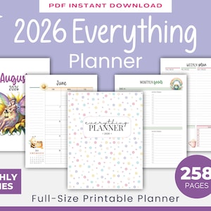 Könnte beinhalten: Ein druckbarer 2026 Everything Planner im Format Full-Size mit hellviolettem Hintergrund. Der Planer enthält monatliche Themen, Wochenpläne und monatliche Ziele. Das Cover zeigt den Text "everything PLANNER" und der Planer hat 258 Seiten.