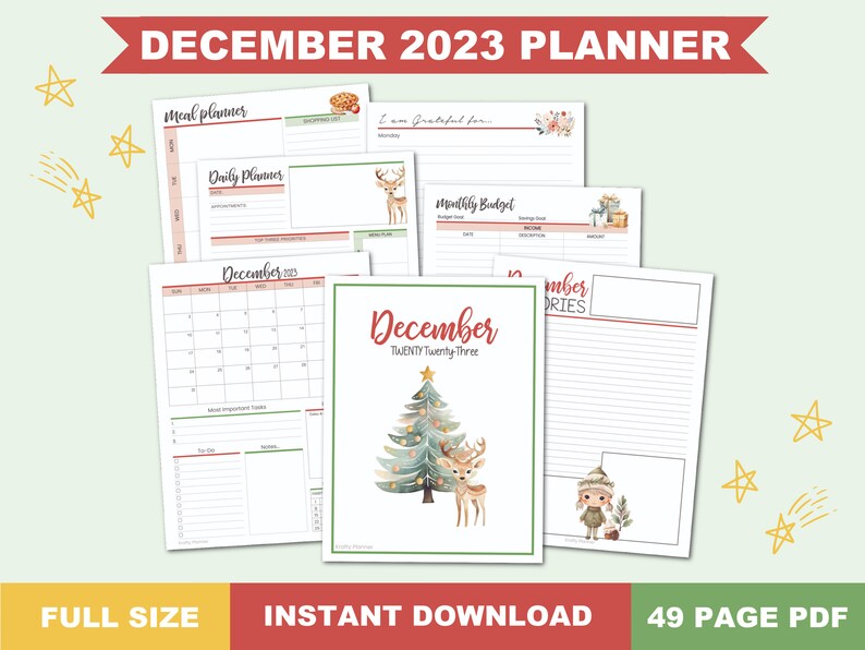 December 2023 Planner Printable PDF Instant Download December 2023 Calendar December 2023 Weekly Planner Printable Monthly Planner image 1