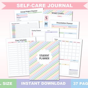 May include: A 37-page PDF printable student planner with a pastel rainbow striped cover. The planner includes pages for class schedules, weekly and monthly calendars, group project planning, presentation planning, and smart goals.