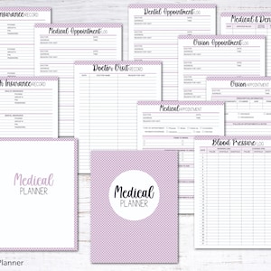 May include: A printable medical planner with a pink polka dot pattern. The planner includes pages for health insurance, dental appointments, medical appointments, vision appointments, doctor visits, medical and dental expenses, and blood pressure logs.