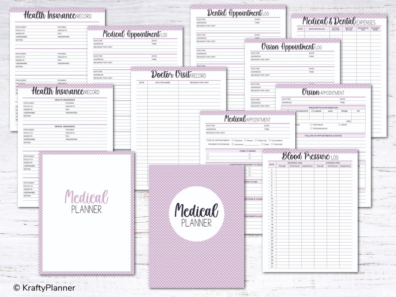 May include: A printable medical planner with a pink polka dot pattern. The planner includes pages for health insurance, dental appointments, medical appointments, vision appointments, doctor visits, medical and dental expenses, and blood pressure logs.
