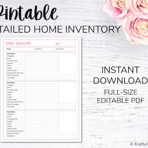 May include: Printable home inventory checklist with pink accents. The checklist includes sections for item name, category, room, purchase date, receipt, model, serial number, purchase price per item, place purchased, and description.