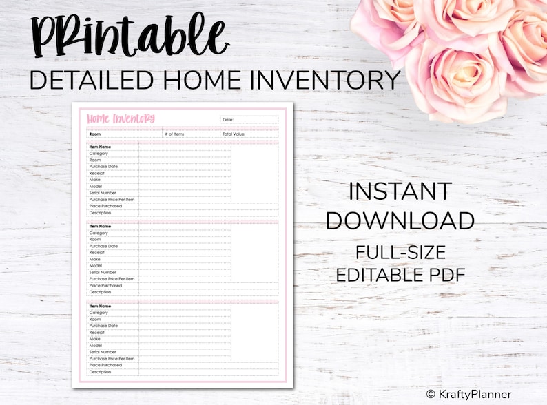 May include: Printable home inventory checklist with pink accents. The checklist includes sections for item name, category, room, purchase date, receipt, model, serial number, purchase price per item, place purchased, and description.